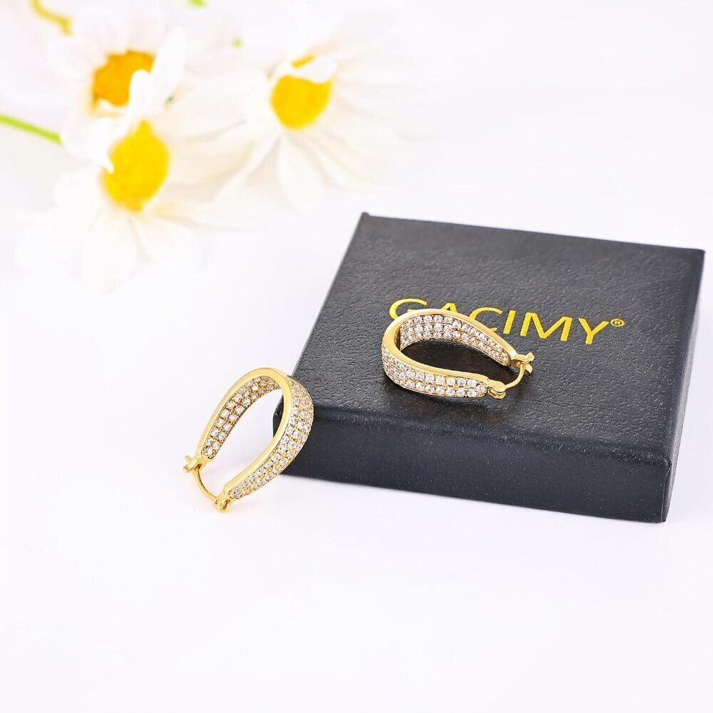 14K Gold Plated Hoop Earrings Women Oval Chunky Jewelry with Cubic Zirconia - Picture 6 of 8